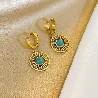 Geometric Round Hollow Earrings Turquoise French Retro