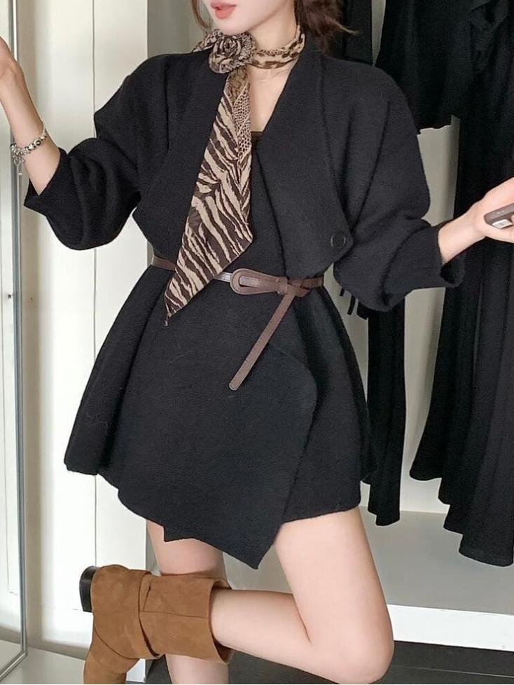 Black irregular-lapel knitted cardigan with belt tie, long sleeves, button front