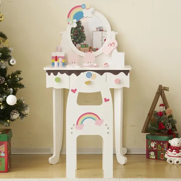 Kids Princess Vanity Table & Chair Set | 7-Piece Pretend Play Makeup Toys
