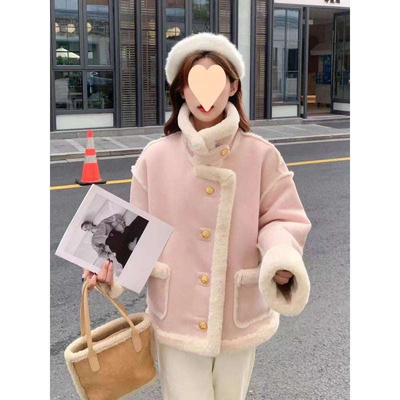 Women's Korean Suede Motorcycle Clothing Berber Fleece Coat