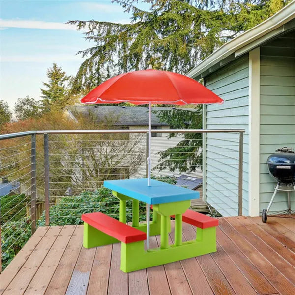 Kids Outdoor Picnic Table Set with UV Protection Umbrella - Green