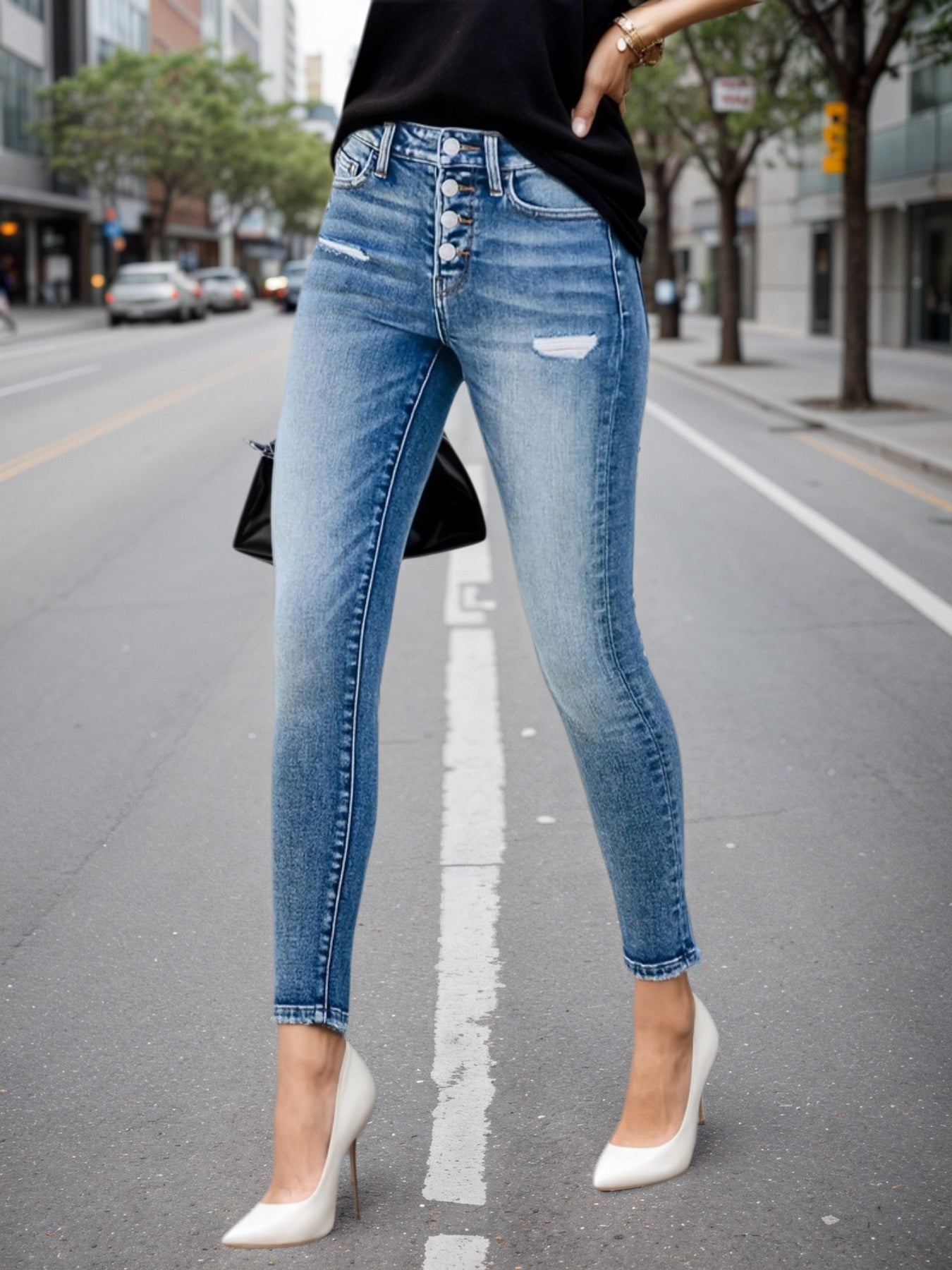 Women's Single-Breasted High-Waist Skinny Jeans