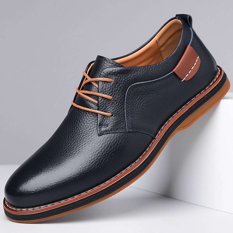Men's dark blue leather business casual shoes with lace-up front and orange laces
