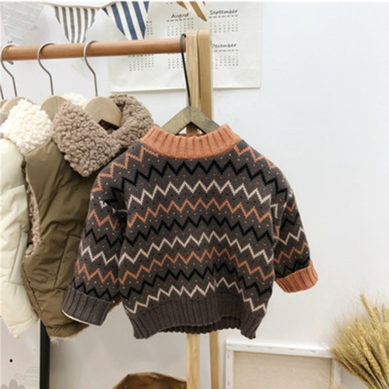 Kids chevron knit sweater, dark gray zigzag with orange collar and tan accents