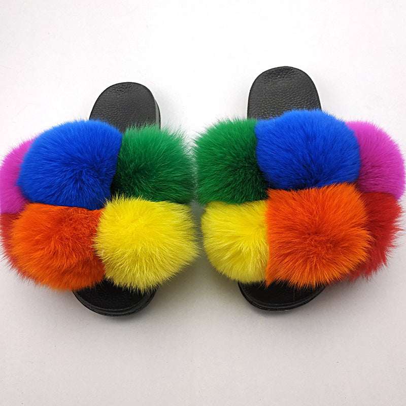 Luxury Fox Fur Slides & Fluffy Slippers Fox Fur Ball Slippers For Outer Wear | Ectron Online