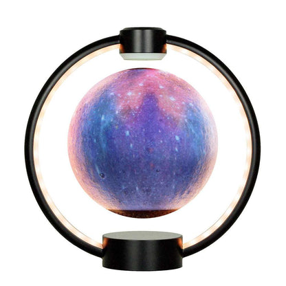 Floating moon lamp with purple-blue glowing moon, white LED ring, black base
