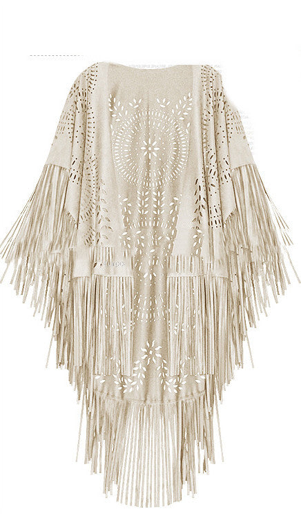 Women's Suede Hollow Fringed Short Sleeve Jacket