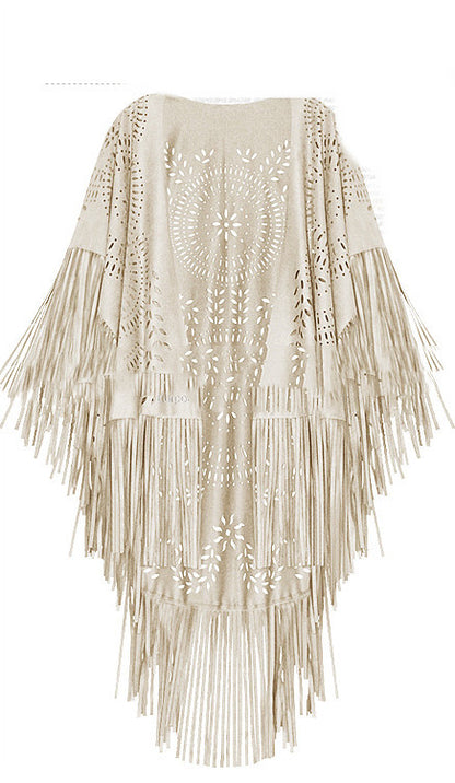 Women's Suede Hollow Fringed Short Sleeve Jacket