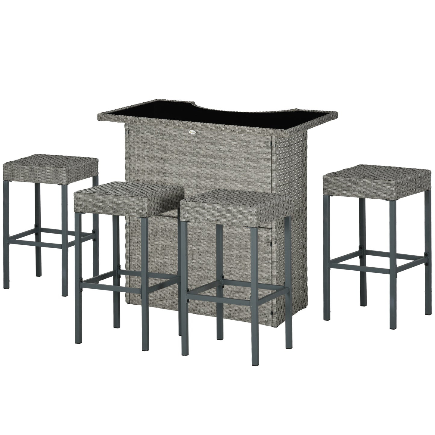 Gray rattan bar table with four bar stools, woven sides and black tabletop insert