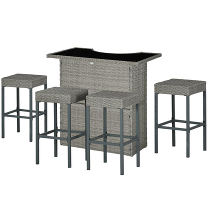 Gray rattan bar table with four bar stools, woven sides and black tabletop insert