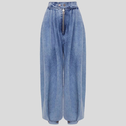 Light blue high-waist harem jeans, front zipper and relaxed wide legs