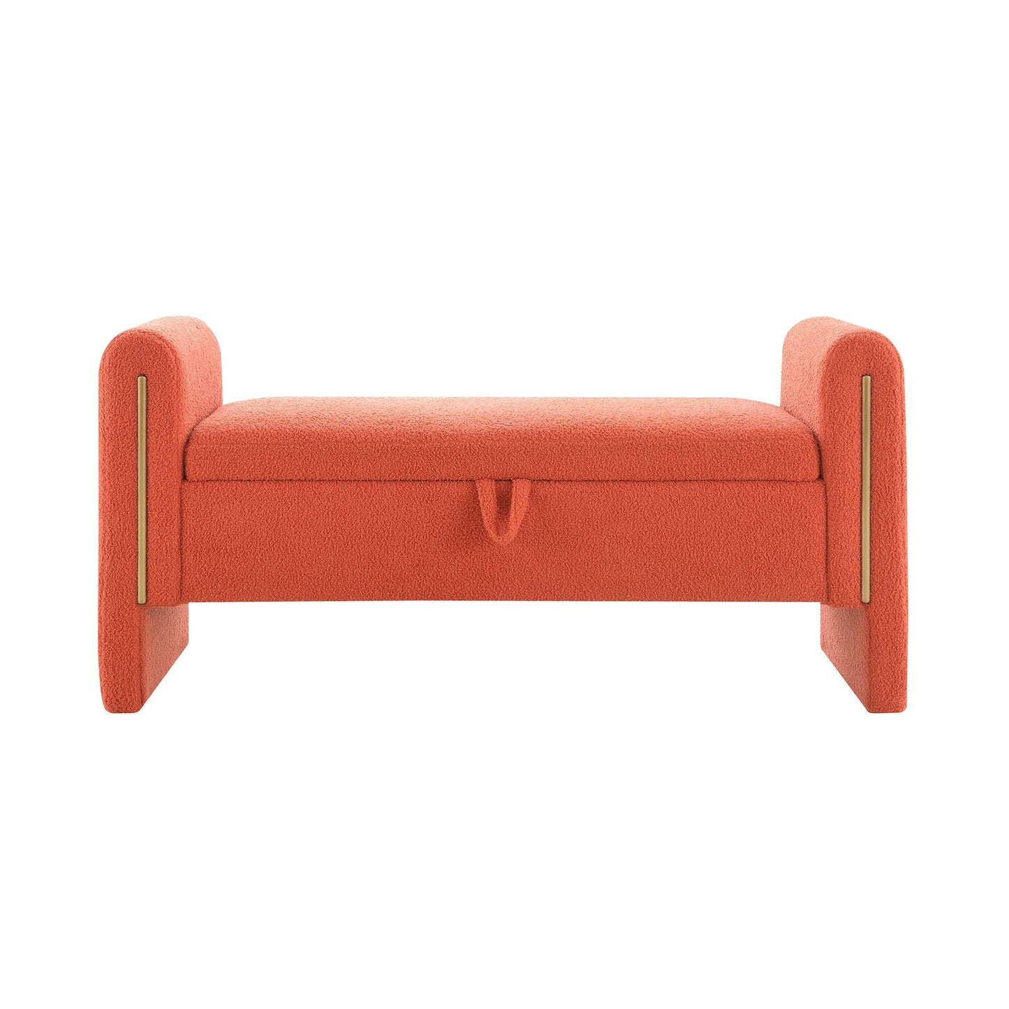 Orange upholstered storage bench ottoman with rounded arm sides and top cushion