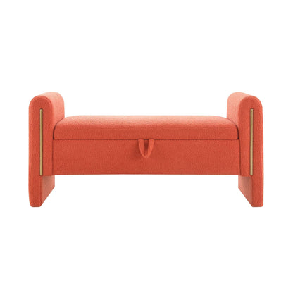 Orange upholstered storage bench ottoman with rounded arm sides and top cushion