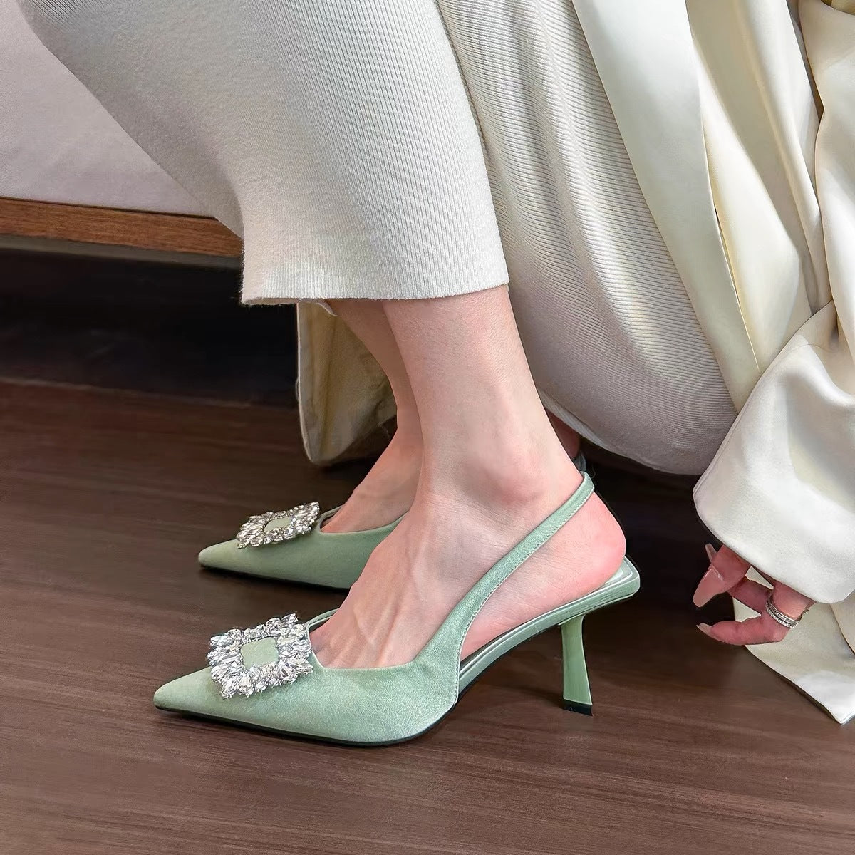 Pointed-toe Square Buckle Rhinestone High-heeled Sandals Pointed-toe Square Buckle Rhinestone Hig | Ectron Online
