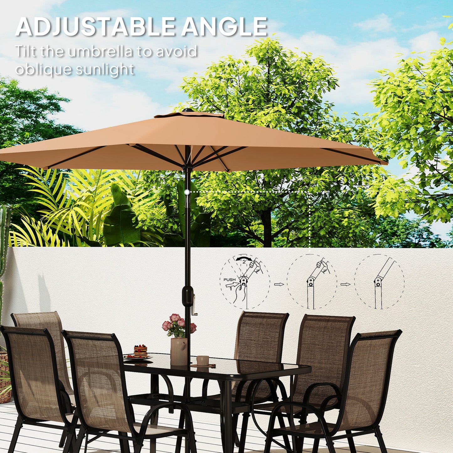 8-Piece Patio Dining Set with 9Ft Umbrella - Light Mixed Brown