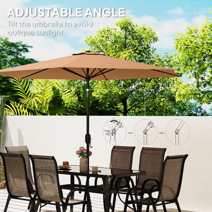 Adjustable tan patio umbrella over brown mesh dining chairs and black table frame.