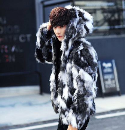 Men's faux leather warm coat, black and white faux-fur with hood up, zip front