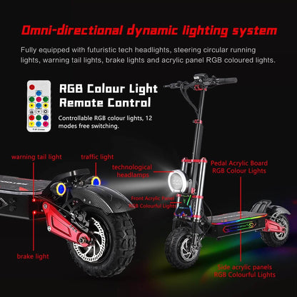 Electric scooter with RGB accent lights on wheels and panels, front and rear in view.