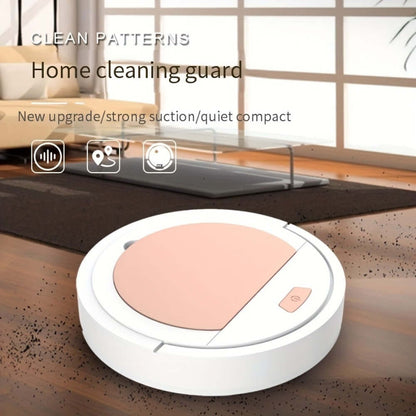 White smart cleaning robot with round body and pink top panel, on floor near walls.