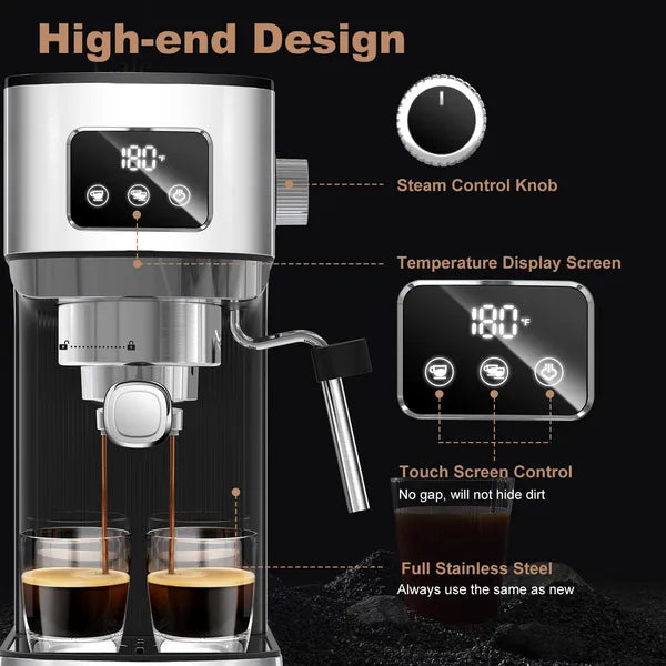 Geek Chef Stainless Steel Espresso Machine - Pod Compatible with Frother