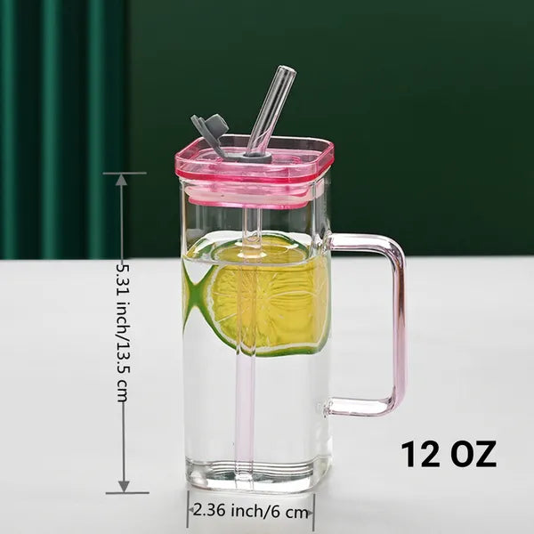 Square Glass Cup with Straw & Lid | High Borosilicate Coffee & Juice Cup