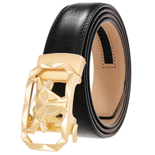 Fashion Men's Leather Belt Alloy Automatic Buckle with sleek gold automatic buckle and black leather strap.
