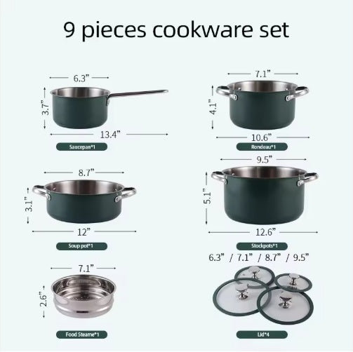 9-piece cookware set with dimensions on a white background