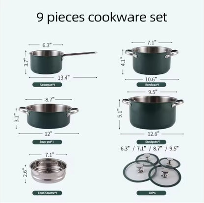 9 Pcs Green Stainless Steel Ceramic Coated Cookware Set with Steamer 4pcs Stainless Steel Ceramic Coated Pot | Ectron Online