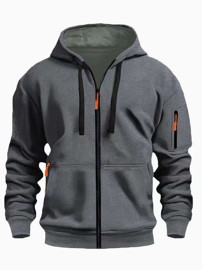Men's zip-up hooded sweatshirt in dark gray with drawstring hood and side zip pockets