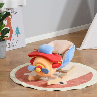 Kids plush rocking horse toy with blue seat, red saddle, and light wood rockers