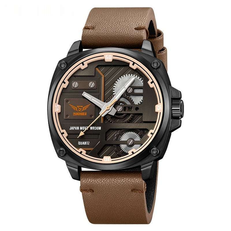 Exposed-gear quartz watch with dark-brown leather strap and rose-gold bezel