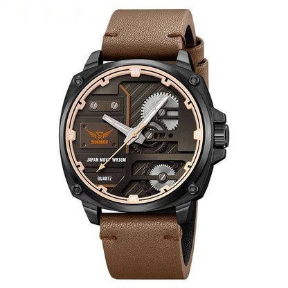 Exposed-gear quartz watch with dark-brown leather strap and rose-gold bezel