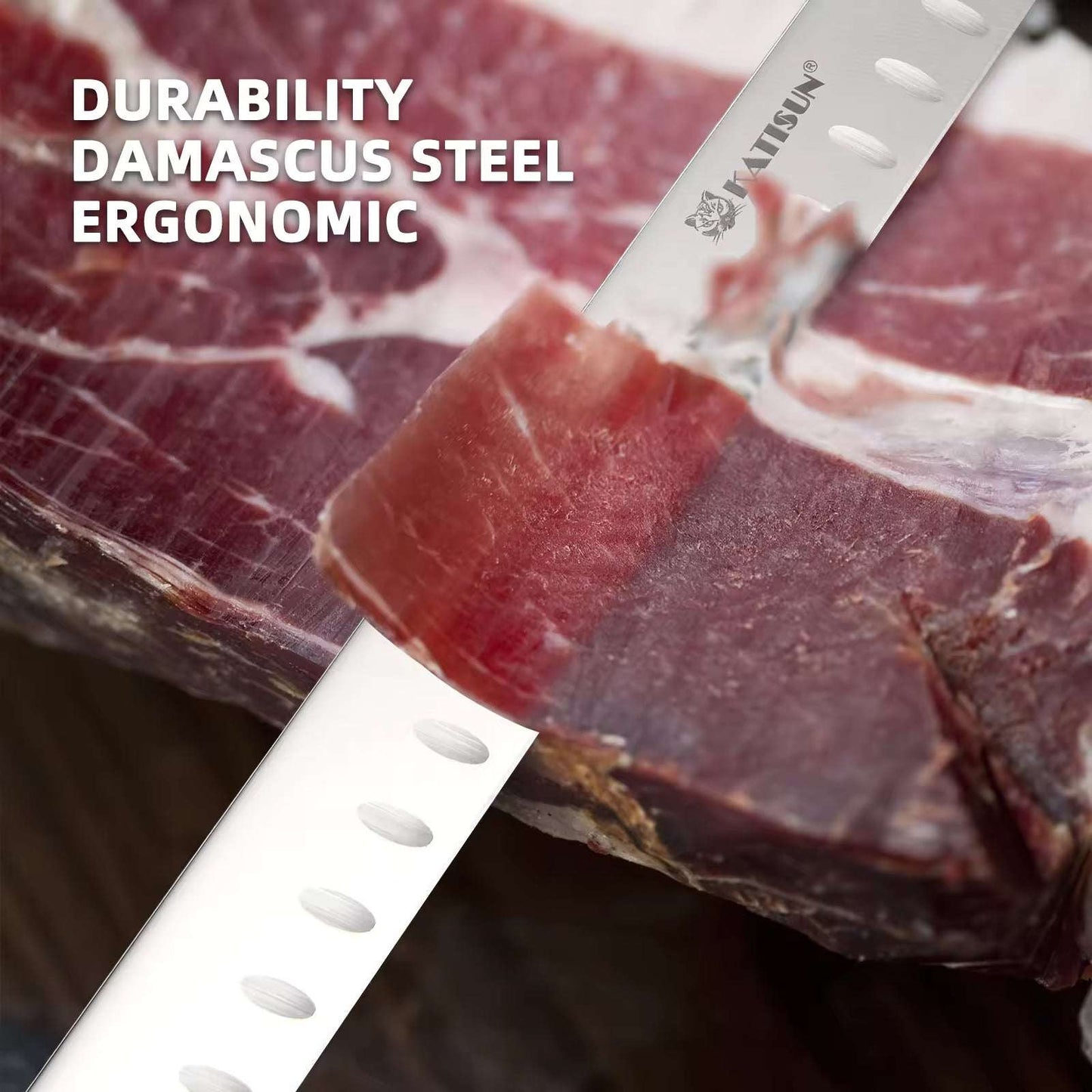 Carving knife with white dimpled blade slicing red meat on wood