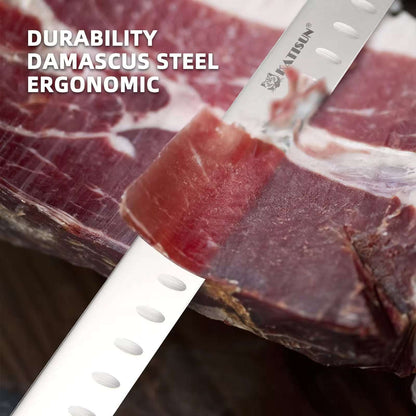 Carving knife with white dimpled blade slicing red meat on wood