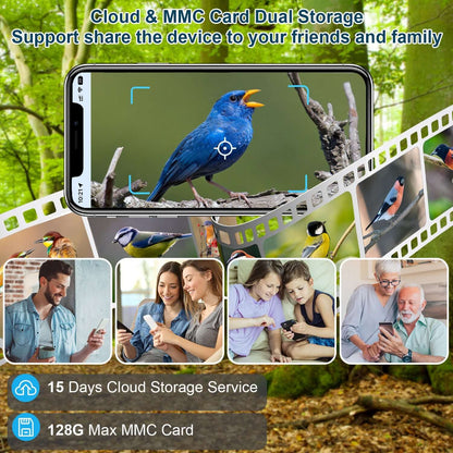 Bird feeder camera system with a white device and blue top, shown with playback screen.