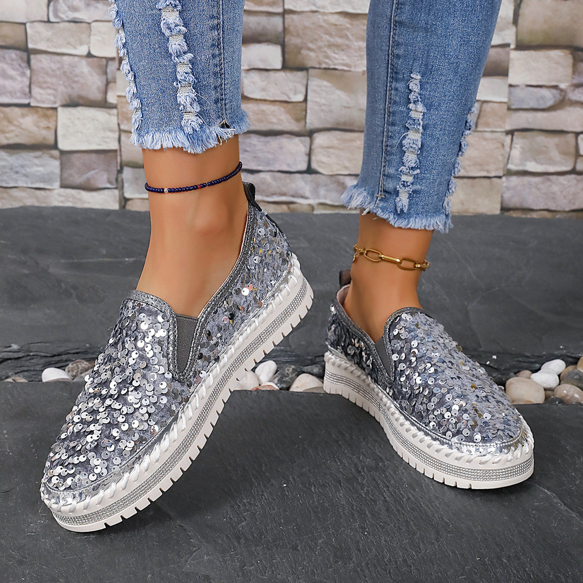 Round Toe Flat Bottom Color-blocking Sequin Oversized Shoes Round Toe Flat Bottom Color-blocking Seq | Ectron Online
