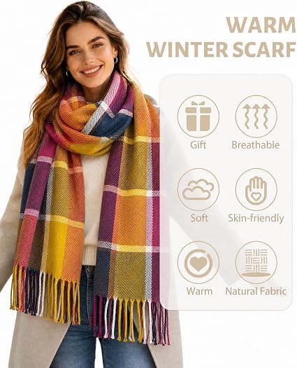 Women's plaid winter scarf with fringe, colorful check pattern for gift