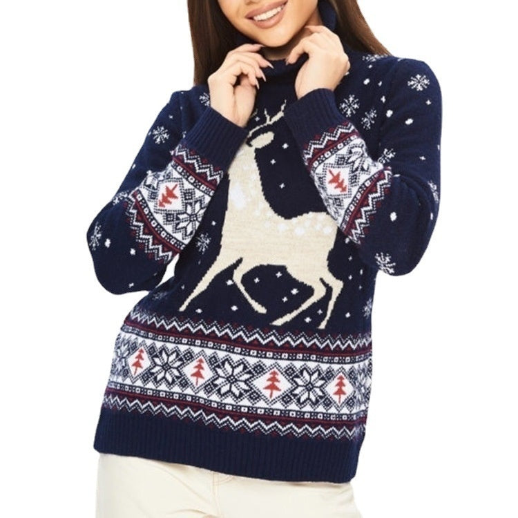 Navy blue sweater with reindeer design on a white background
