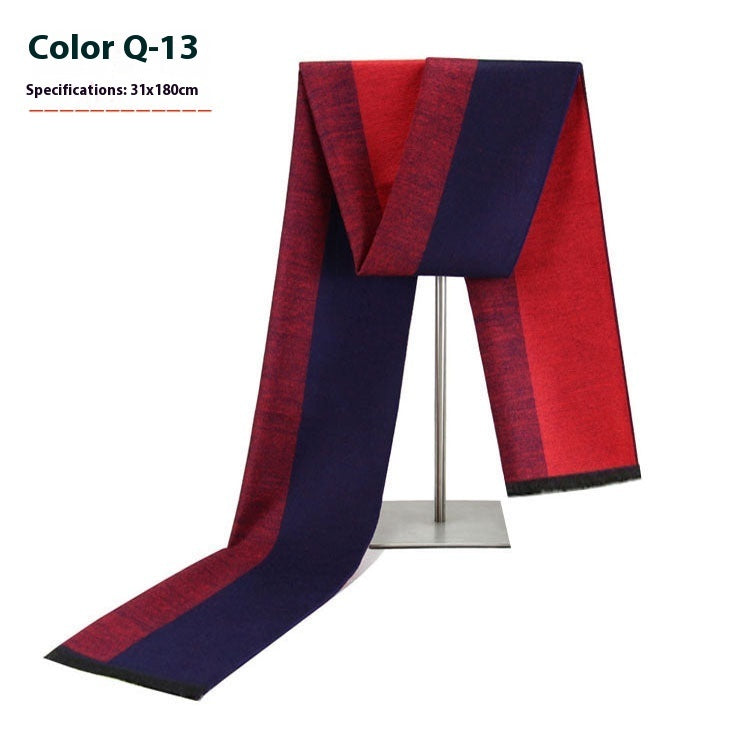 Red and blue scarf on a stand with specifications displayed.