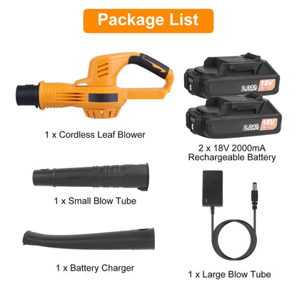 Cordless leaf blower kit in orange with two 18V batteries, charger, and tubes