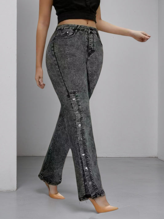 High-Waisted Slightly Flared Jeans with Side Buckles