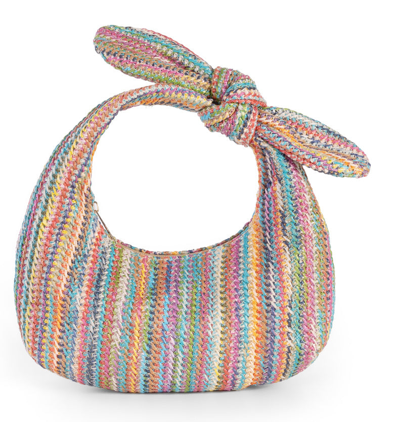 Striped straw bow clutch handbag in multicolor yarn with knot bow handle