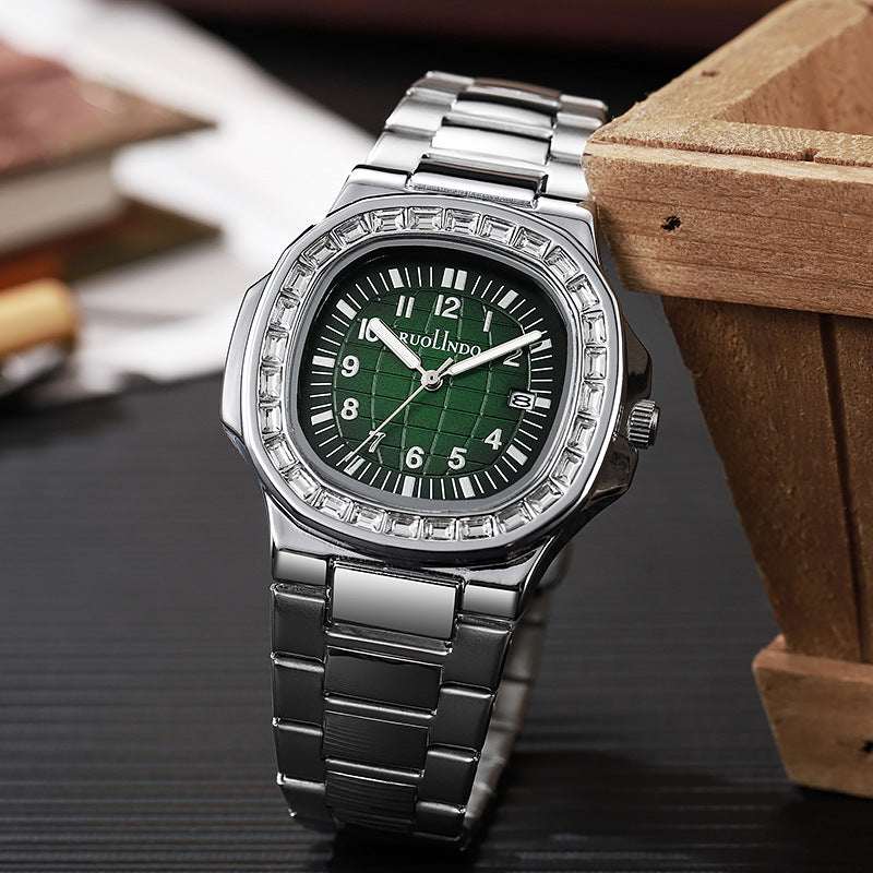 Stainless steel men's luminous watch with green dial and silver bezel detail, metal bracelet