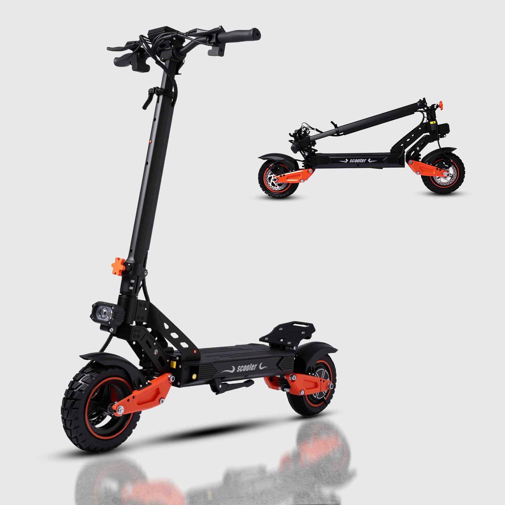 Off-road electric scooter side view with black frame and orange accents on a white background