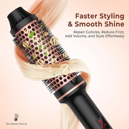 Black thermal brush curling iron with rose-gold bristle barrel and red LCD temperature screen