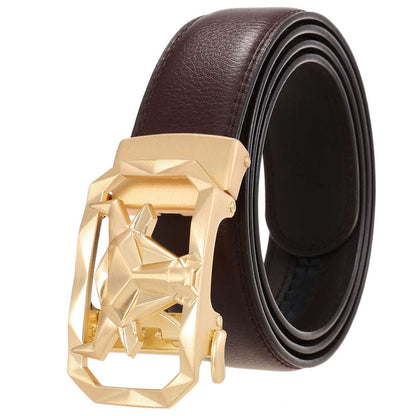 Fashion Men's Leather Belt Alloy Automatic Buckle with a sleek gold alloy buckle and dark brown leather strap.