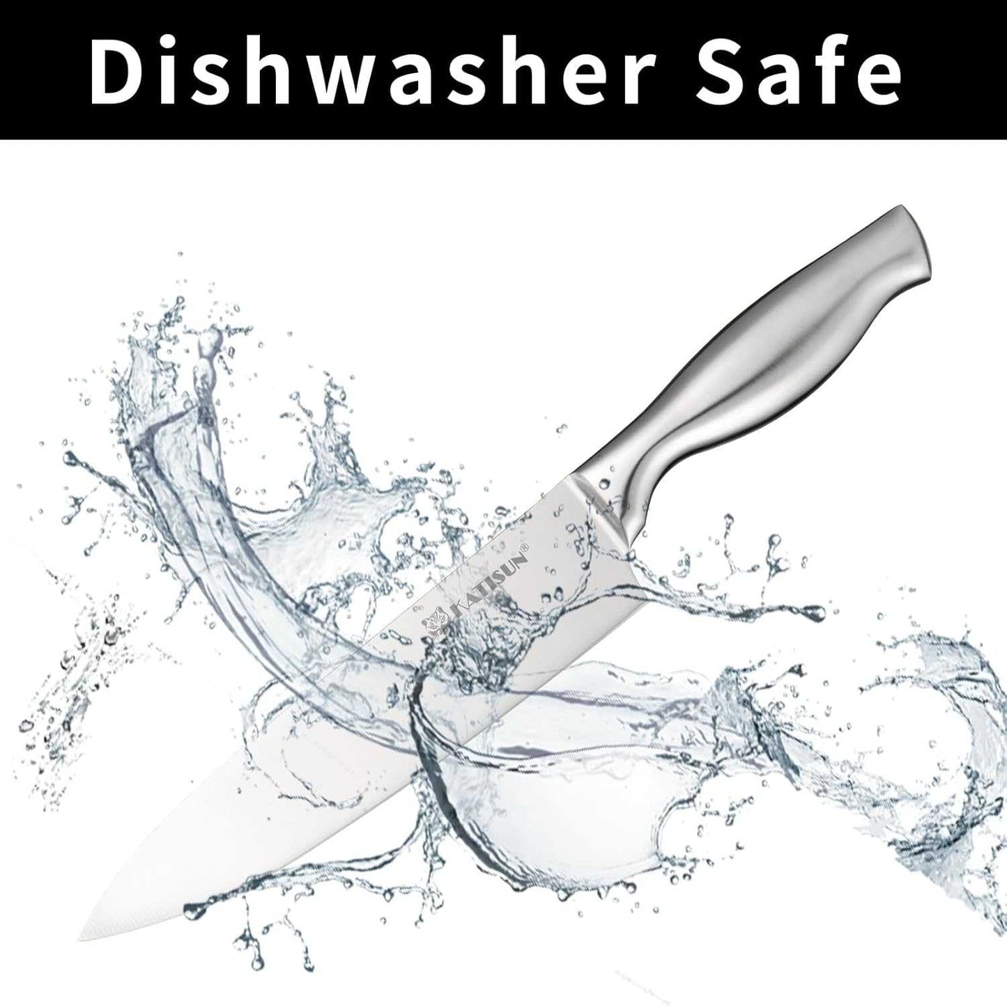 Stainless chef knife with water splash, dishwasher safe design