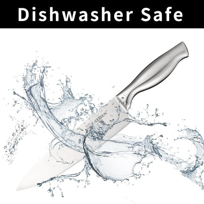 Dishwasher-safe chef knife with stainless blade and water splash