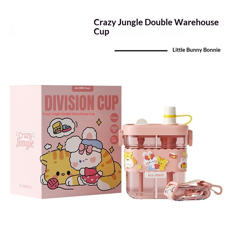 Pink kids dual-chamber straw water bottle with bunny cartoon, yellow straw lid