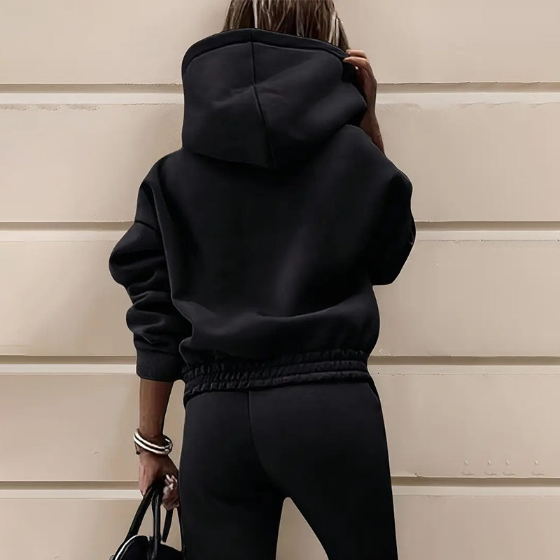 Two-piece casual tracksuit for women, black hooded sweatshirt with ribbed elastic hem